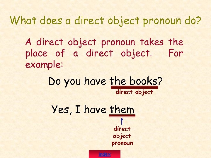 What does a direct object pronoun do? A direct object pronoun takes the place