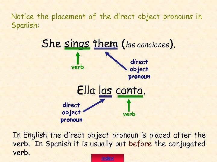 Notice the placement of the direct object pronouns in Spanish: She sings them (las