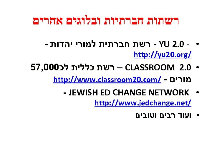  רשתות חברתיות ובלוגים אחרים - - רשת חברתית למורי יהדות YU 2. 0