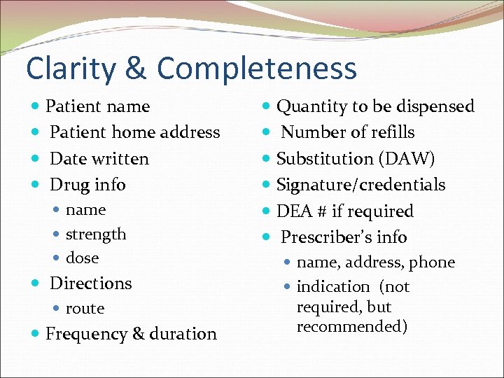 Clarity & Completeness Patient name Patient home address Date written Drug info name strength