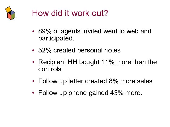 How did it work out? • 89% of agents invited went to web and