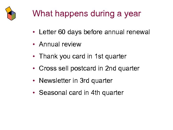 What happens during a year • Letter 60 days before annual renewal • Annual