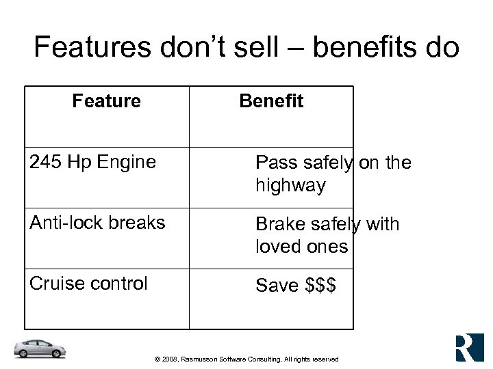 Features don’t sell – benefits do Feature Benefit 245 Hp Engine Pass safely on