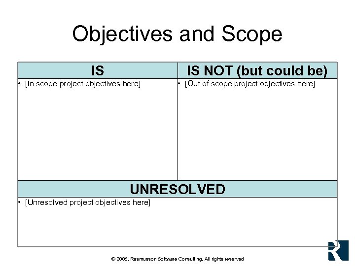 Objectives and Scope IS IS NOT (but could be) • [In scope project objectives