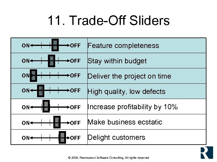 11. Trade-Off Sliders ON OFF Feature completeness ON OFF Stay within budget ON OFF