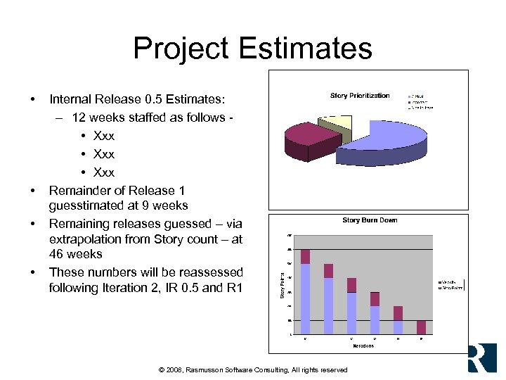 Project Estimates • • Internal Release 0. 5 Estimates: – 12 weeks staffed as