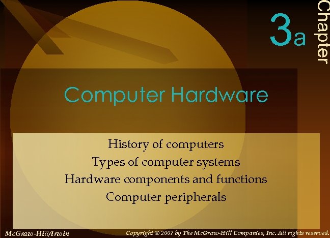 Chapter 3 a Computer Hardware History of computers Types of computer systems Hardware components