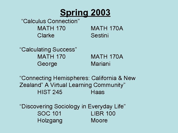 Spring 2003 “Calculus Connection” MATH 170 Clarke MATH 170 A Sestini “Calculating Success” MATH