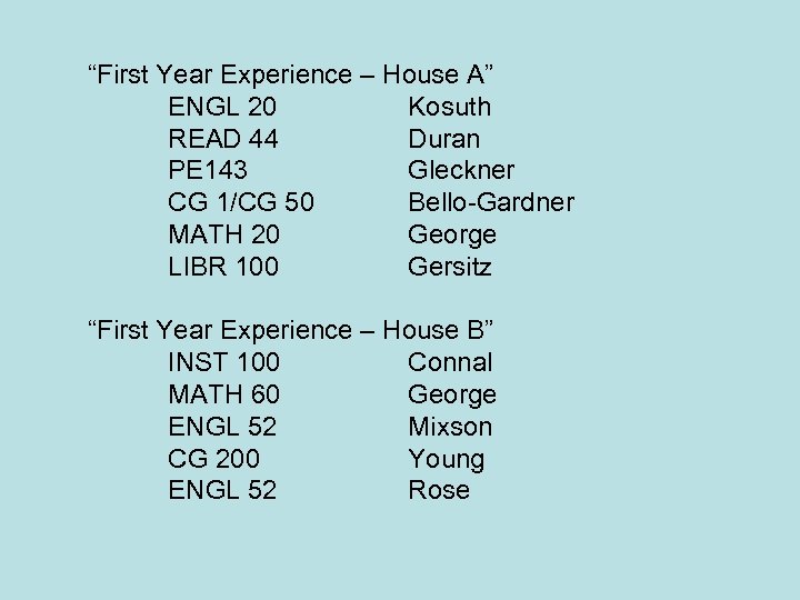 “First Year Experience – House A” ENGL 20 Kosuth READ 44 Duran PE 143