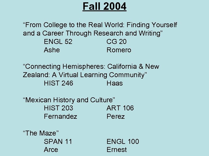 Fall 2004 “From College to the Real World: Finding Yourself and a Career Through