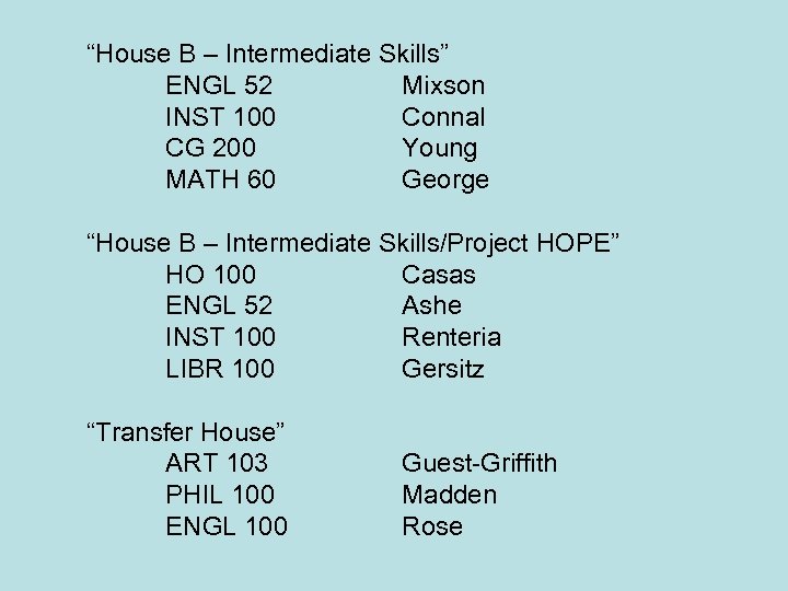 “House B – Intermediate Skills” ENGL 52 Mixson INST 100 Connal CG 200 Young