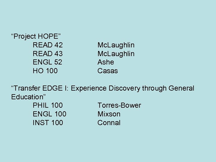 “Project HOPE” READ 42 READ 43 ENGL 52 HO 100 Mc. Laughlin Ashe Casas