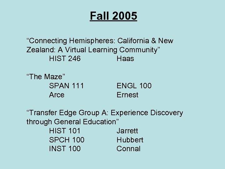 Fall 2005 “Connecting Hemispheres: California & New Zealand: A Virtual Learning Community” HIST 246