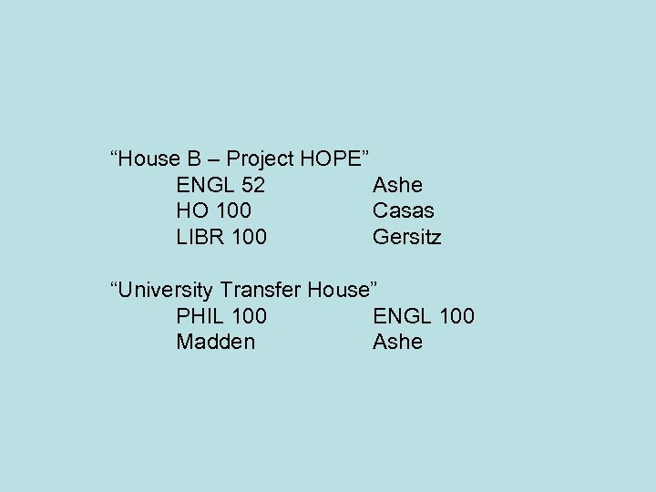 “House B – Project HOPE” ENGL 52 Ashe HO 100 Casas LIBR 100 Gersitz