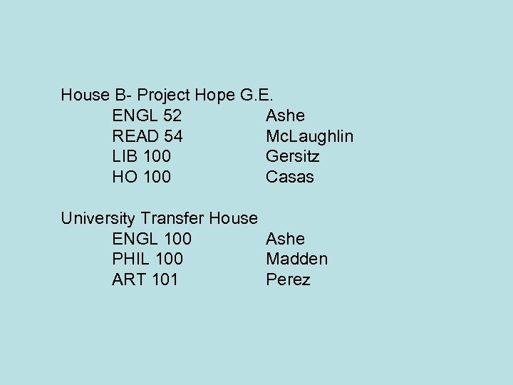 House B- Project Hope G. E. ENGL 52 Ashe READ 54 Mc. Laughlin LIB