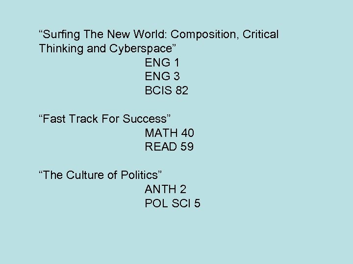 “Surfing The New World: Composition, Critical Thinking and Cyberspace” ENG 1 ENG 3 BCIS