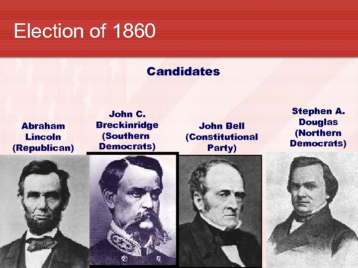 Election of 1860 Candidates Abraham Lincoln (Republican) John C. Breckinridge (Southern Democrats) John Bell