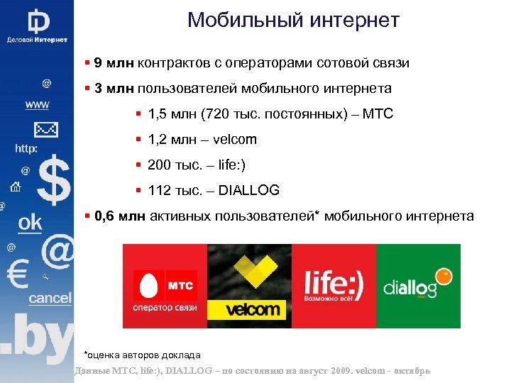 Мобильный интернет § 9 млн контрактов с операторами сотовой связи § 3 млн пользователей