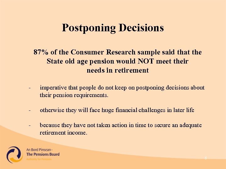 Postponing Decisions 87% of the Consumer Research sample said that the State old age