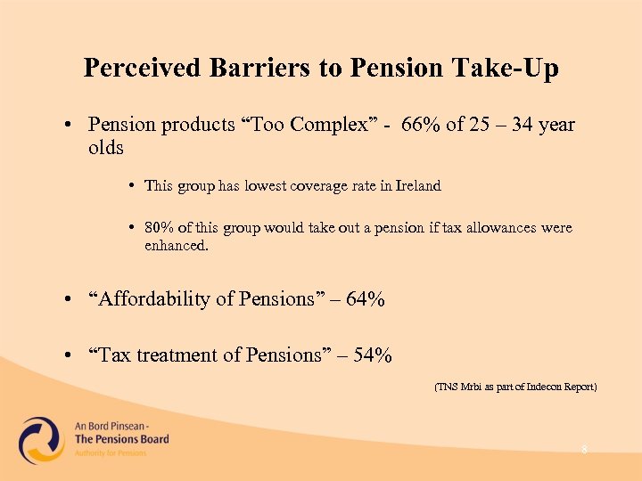 Perceived Barriers to Pension Take-Up • Pension products “Too Complex” - 66% of 25