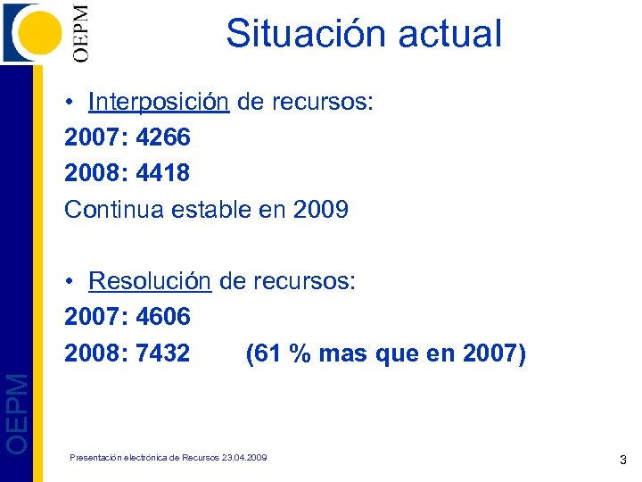 Situación actual • Interposición de recursos: 2007: 4266 2008: 4418 Continua estable en 2009