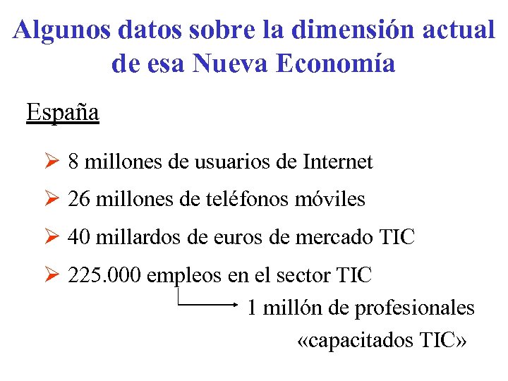 Algunos datos sobre la dimensión actual de esa Nueva Economía España Ø 8 millones
