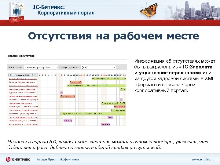 Отсутствия на рабочем месте Информация об отсутствиях может быть выгружена из « 1 С: