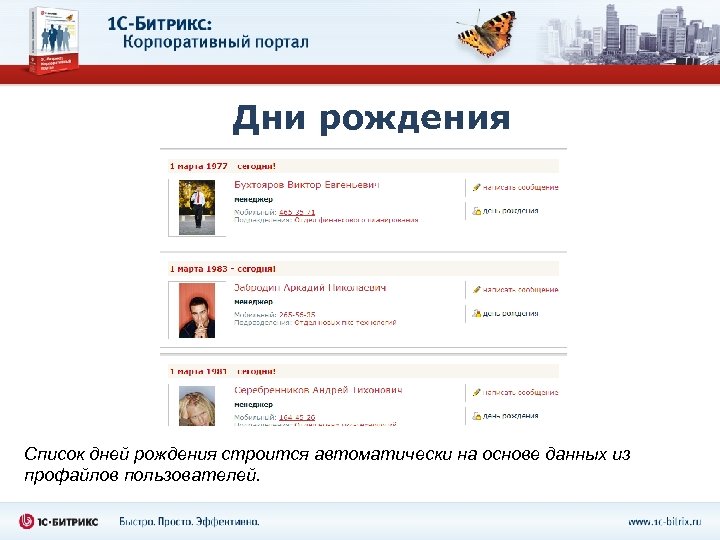 Дни рождения Список дней рождения строится автоматически на основе данных из профайлов пользователей. 