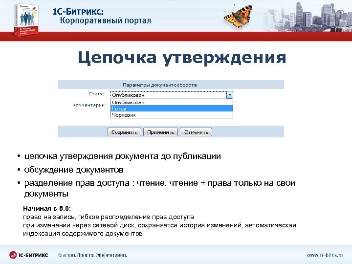 Цепочка утверждения • цепочка утверждения документа до публикации • обсуждение документов • разделение прав