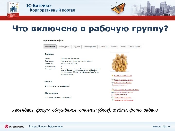 Что включено в рабочую группу? календарь, форум, обсуждение, отчеты (блог), файлы, фото, задачи 