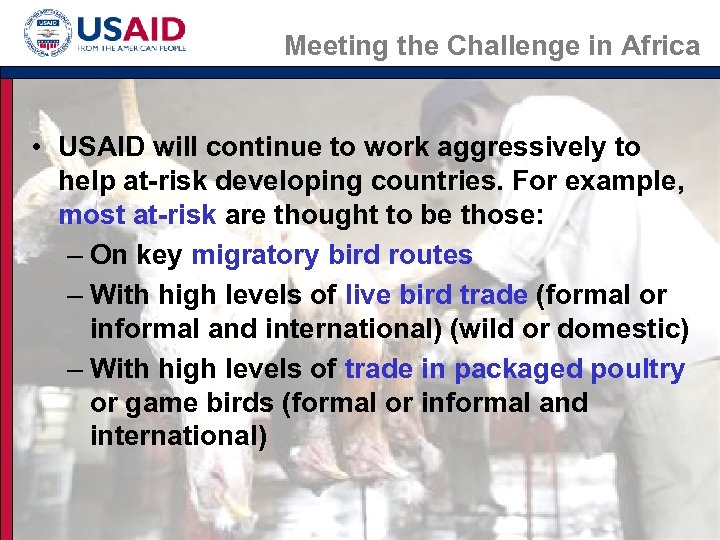 Meeting the Challenge in Africa • USAID will continue to work aggressively to help