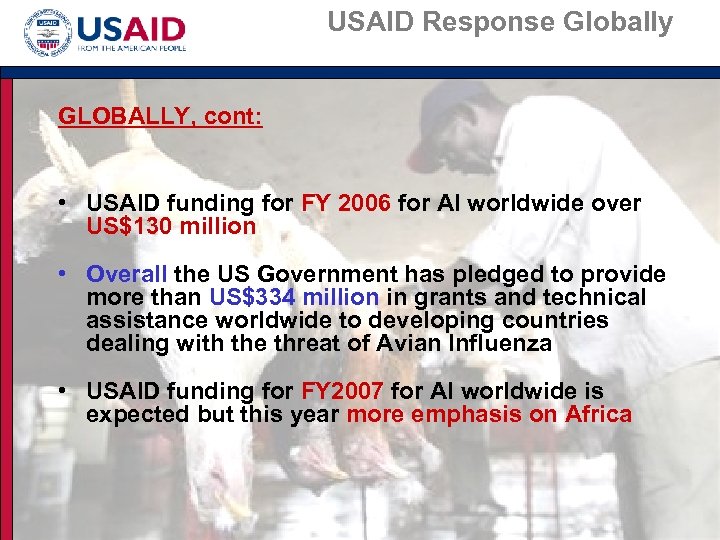 USAID Response Globally GLOBALLY, cont: • USAID funding for FY 2006 for AI worldwide