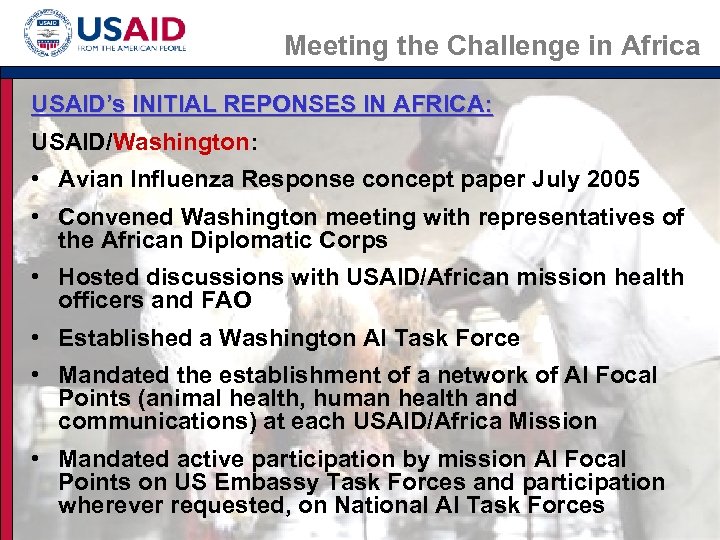 Meeting the Challenge in Africa USAID’s INITIAL REPONSES IN AFRICA: USAID/Washington: • Avian Influenza