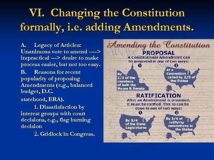 VI. Changing the Constitution formally, i. e. adding Amendments. A. Legacy of Articles: Unanimous