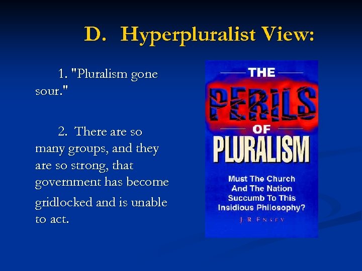D. Hyperpluralist View: 1. "Pluralism gone sour. " 2. There are so many groups,