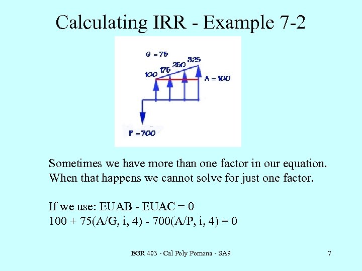 Calculating IRR - Example 7 -2 Sometimes we have more than one factor in