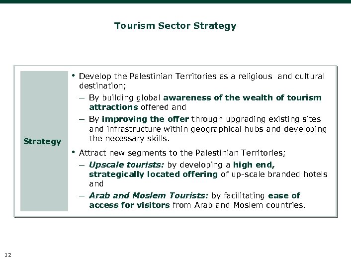 Tourism Sector Strategy • Develop the Palestinian Territories as a religious and cultural destination;