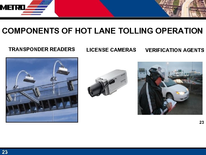 COMPONENTS OF HOT LANE TOLLING OPERATION TRANSPONDER READERS LICENSE CAMERAS VERIFICATION AGENTS 23 23