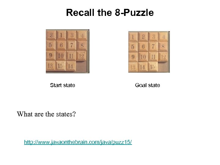 Recall the 8 -Puzzle Start state What are the states? http: //www. javaonthebrain. com/java/puzz