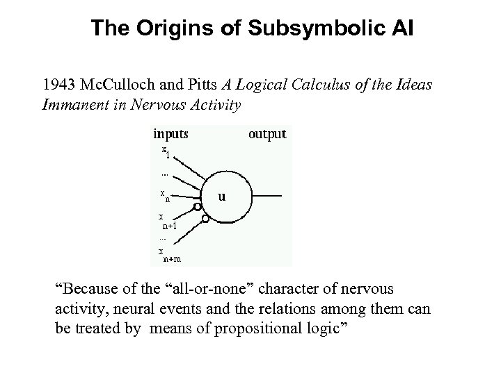 The Origins of Subsymbolic AI 1943 Mc. Culloch and Pitts A Logical Calculus of