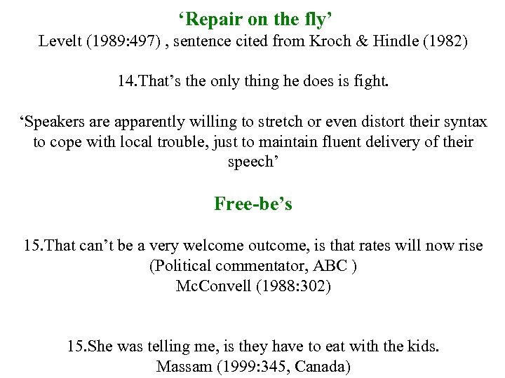 ‘Repair on the fly’ Levelt (1989: 497) , sentence cited from Kroch & Hindle