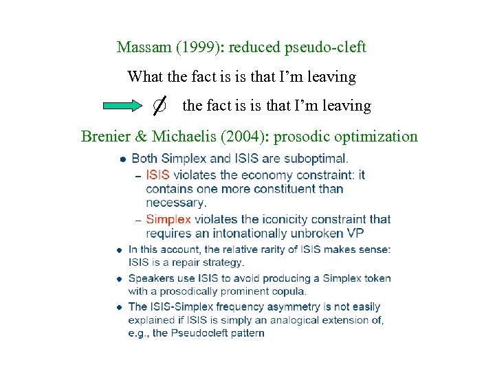 Massam (1999): reduced pseudo-cleft What the fact is is that I’m leaving Brenier &