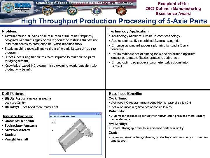 Recipient of the 2003 Defense Manufacturing Excellence Award High Throughput Production Processing of 5