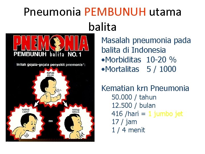 Pneumonia PEMBUNUH utama balita Masalah pneumonia pada balita di Indonesia • Morbiditas 10 -20