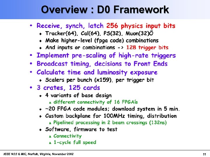 Overview : D 0 Framework IEEE NSS & MIC, Norfolk, Virginia, November 2002 11