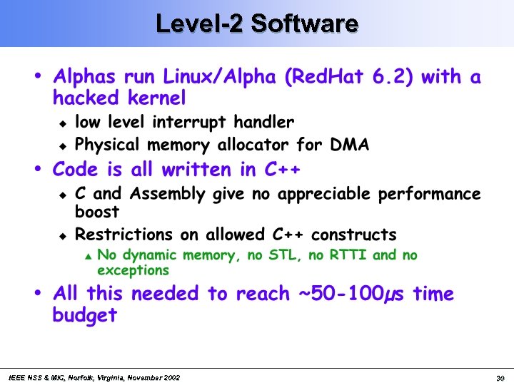 Level-2 Software IEEE NSS & MIC, Norfolk, Virginia, November 2002 30 