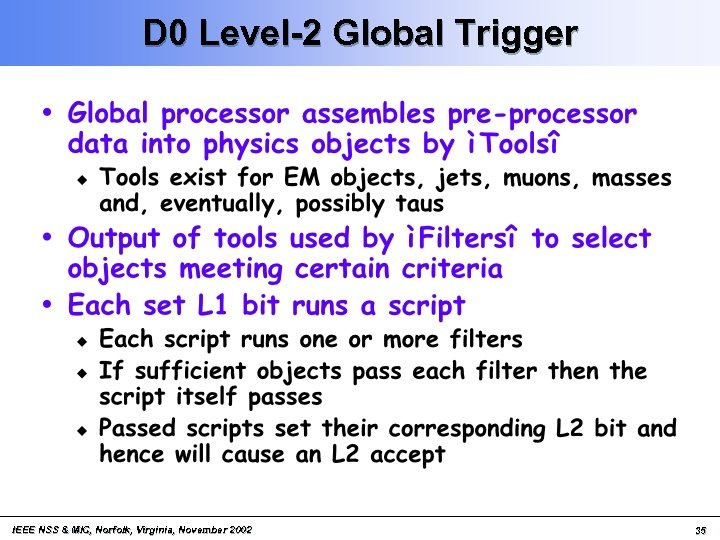 D 0 Level-2 Global Trigger IEEE NSS & MIC, Norfolk, Virginia, November 2002 35