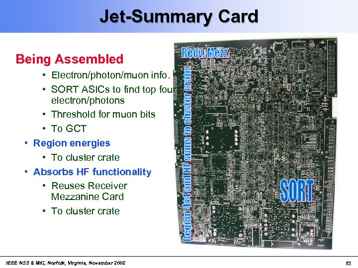 Jet-Summary Card Being Assembled • Electron/photon/muon info. • SORT ASICs to find top four