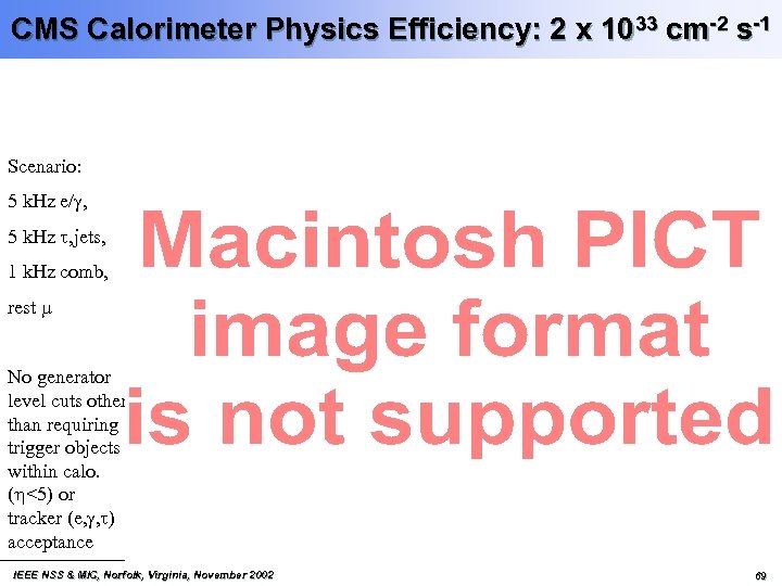 CMS Calorimeter Physics Efficiency: 2 x 1033 cm-2 s-1 Scenario: 5 k. Hz e/g,