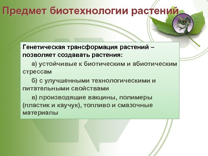 Предмет биотехнологии растений Генетическая трансформация растений – позволяет создавать растения: а) устойчивые к биотическим
